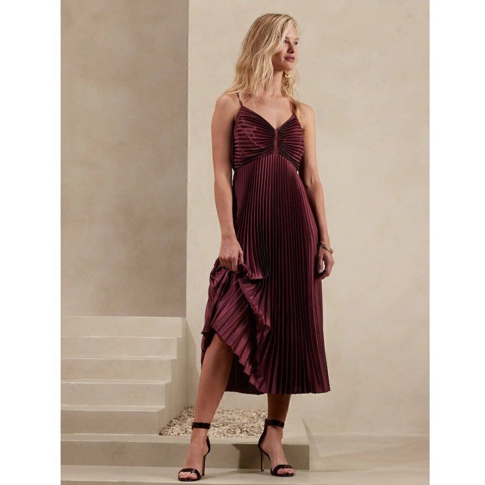 NWT Banana Republic Solaire Dark Cherry Burgundy Strap Pleated Midi Dress